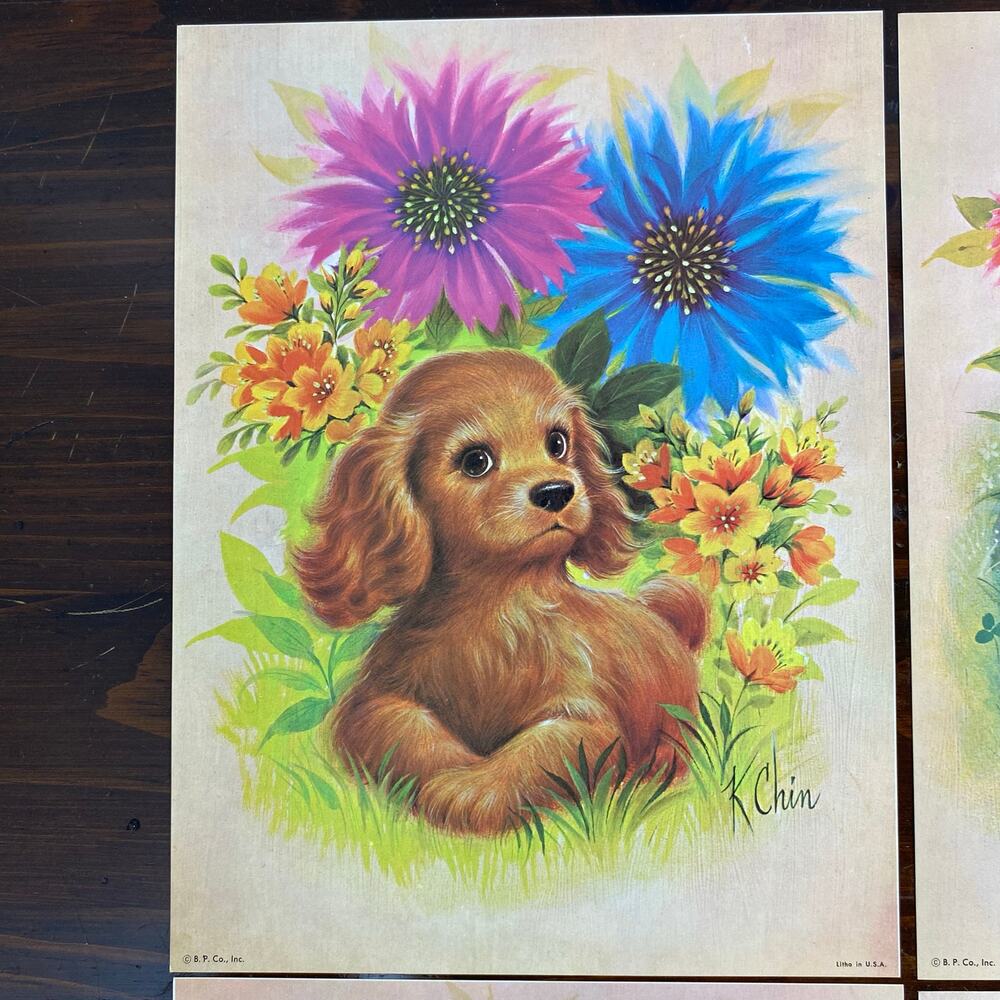 Vintage Puppy Dog Animal Litho Prints 1970s 12"x9” Set of 4 Floral Flawless - Picture 4 of 8